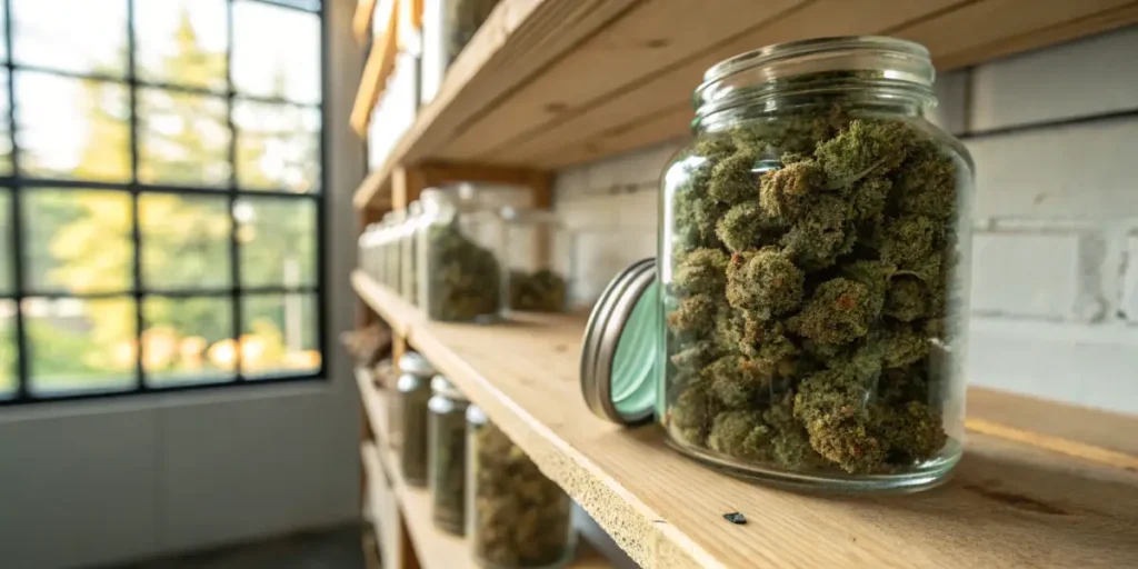Cannabis buds glass jar shelf storage with dense cured flowers stored in a clear jar on a wooden shelf near natural light.
