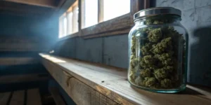 Cannabis buds glass jar storage with dried cannabis flowers sealed in a jar on a wooden shelf near window light.