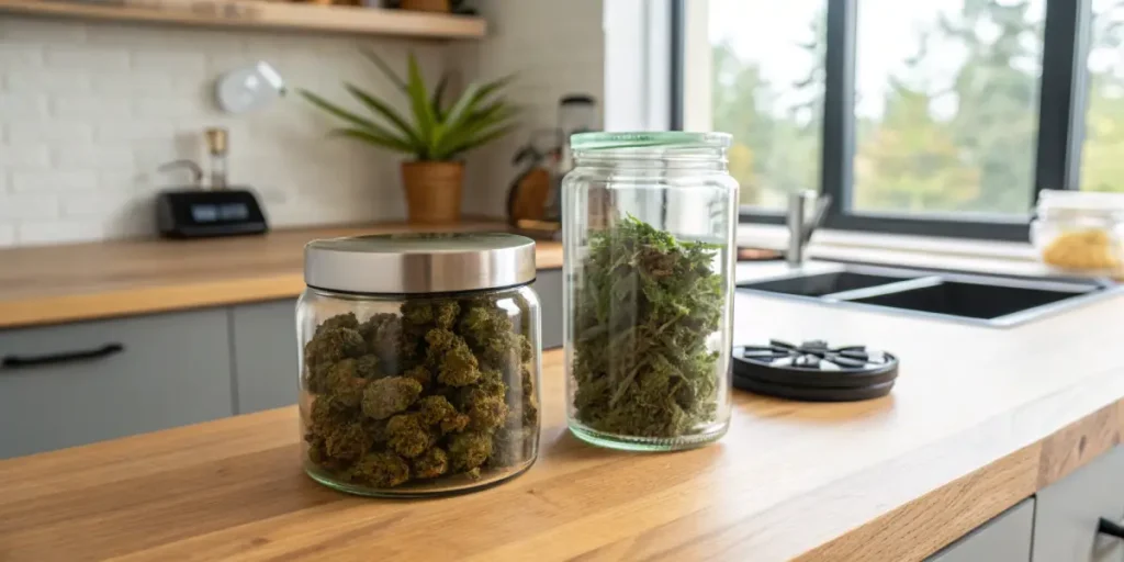 Cannabis buds stored in sealed glass jars on a kitchen countertop.