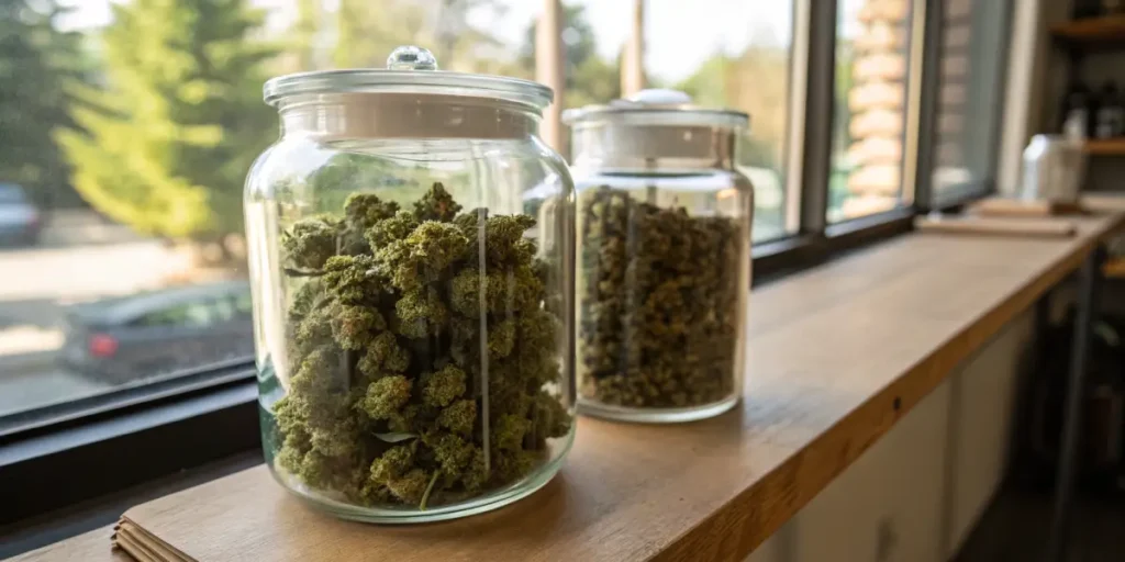 Cannabis buds stored in glass jars on windowsill for curing process.