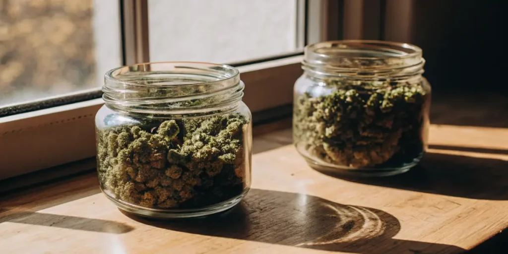 Cannabis buds stored in glass jars on a wooden surface with natural sunlight.