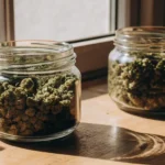 Cannabis buds stored in glass jars on a wooden surface with natural sunlight.