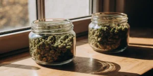 Cannabis buds stored in glass jars on a wooden surface with natural sunlight.
