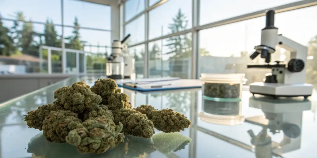 Cannabis buds laboratory analysis microscope with samples on a glass surface in a scientific environment.