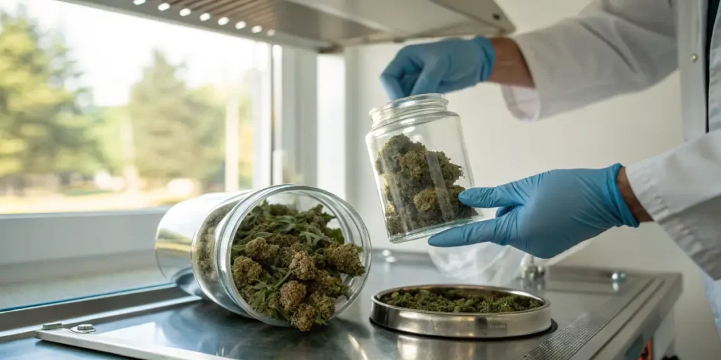 Cannabis buds laboratory packaging with gloved hands placing dried cannabis flowers into glass jar on metal tray.
