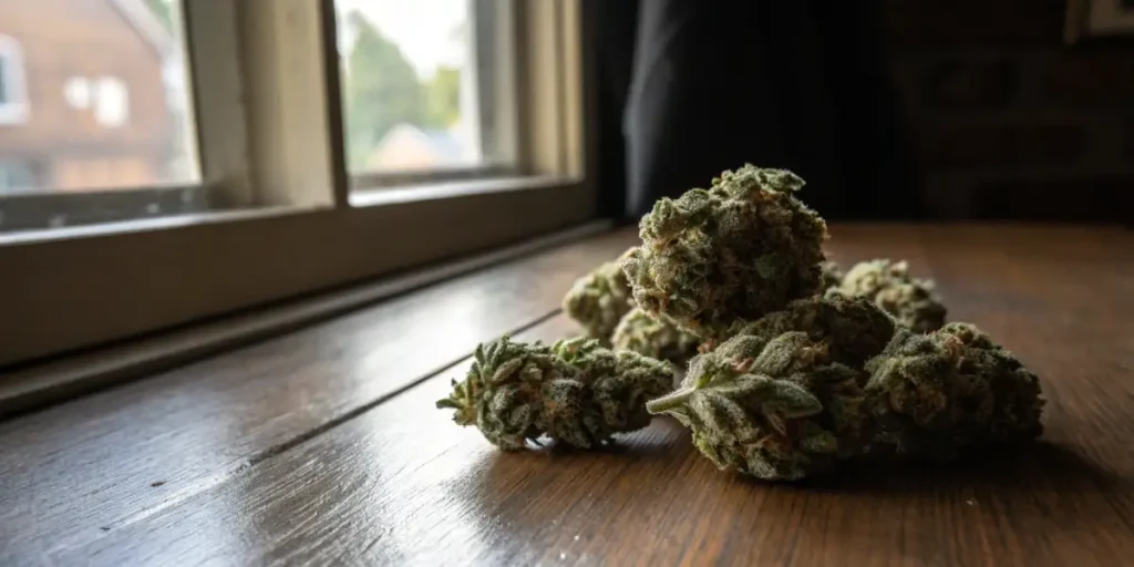 Cannabis buds natural light wooden table with dense cured cannabis flowers placed near a window indoors.