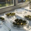 Cannabis buds petri dishes lab testing arranged on a bright windowsill for quality analysis.