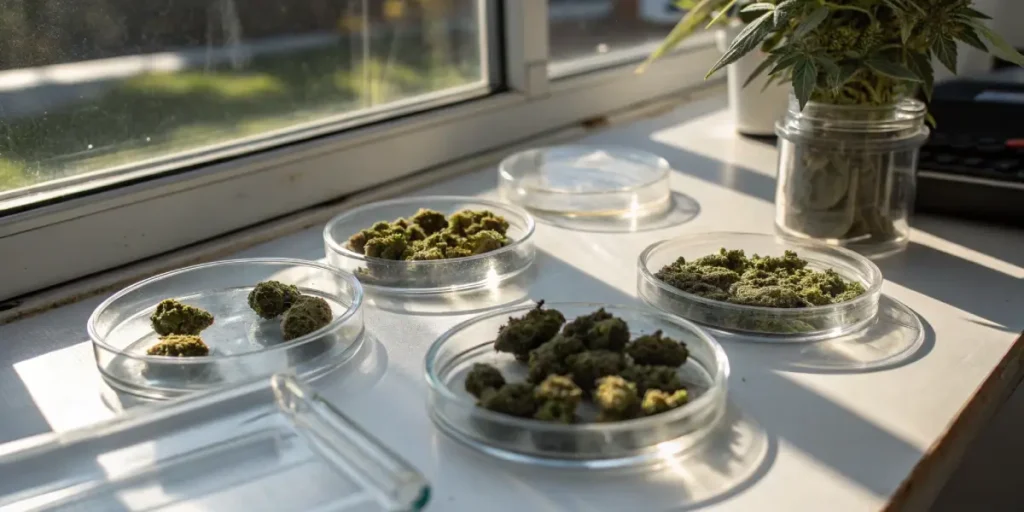 Cannabis buds petri dishes lab testing arranged on a bright windowsill for quality analysis.