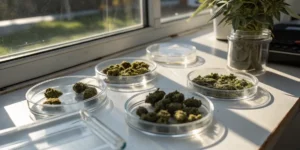 Cannabis buds petri dishes lab testing arranged on a bright windowsill for quality analysis.