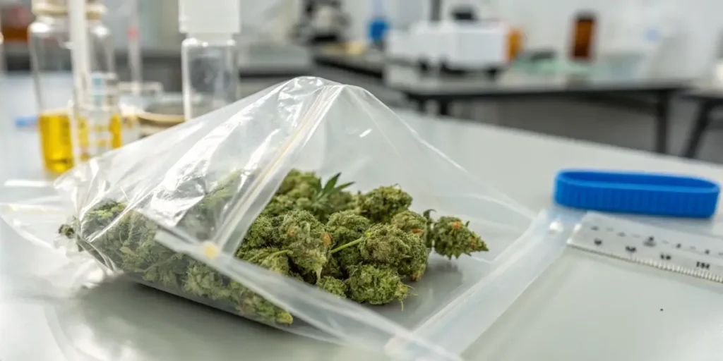 Cannabis buds inside transparent sealed plastic bag on laboratory table.