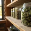 Cannabis buds storage glass jar filled with dried cannabis flowers placed on a wooden shelf near a window.