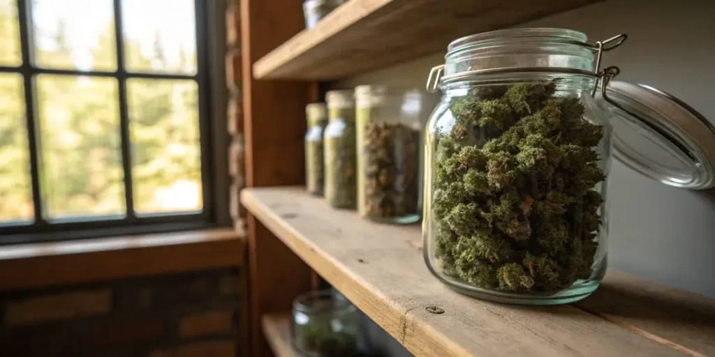 Cannabis buds storage glass jar filled with dried cannabis flowers placed on a wooden shelf near a window.