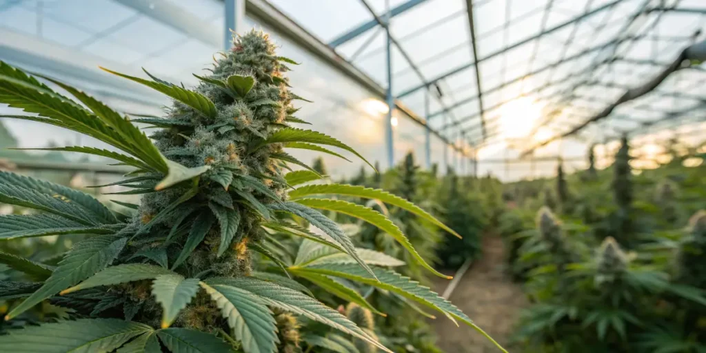 Cannabis cola growing in greenhouse with thick resinous buds and green leaves in a sunlit cultivation environment.