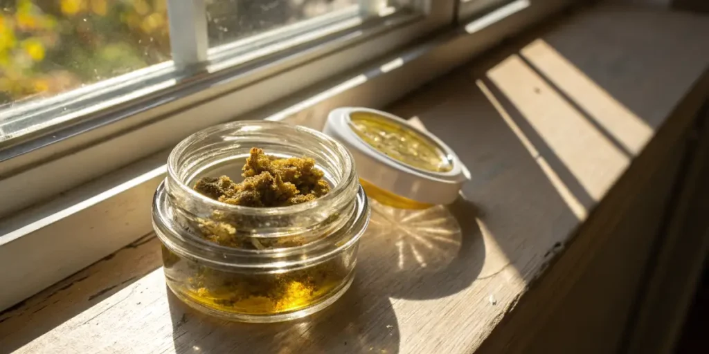 Cannabis concentrate jar sunlight window with thick extract inside a glass container on a windowsill.