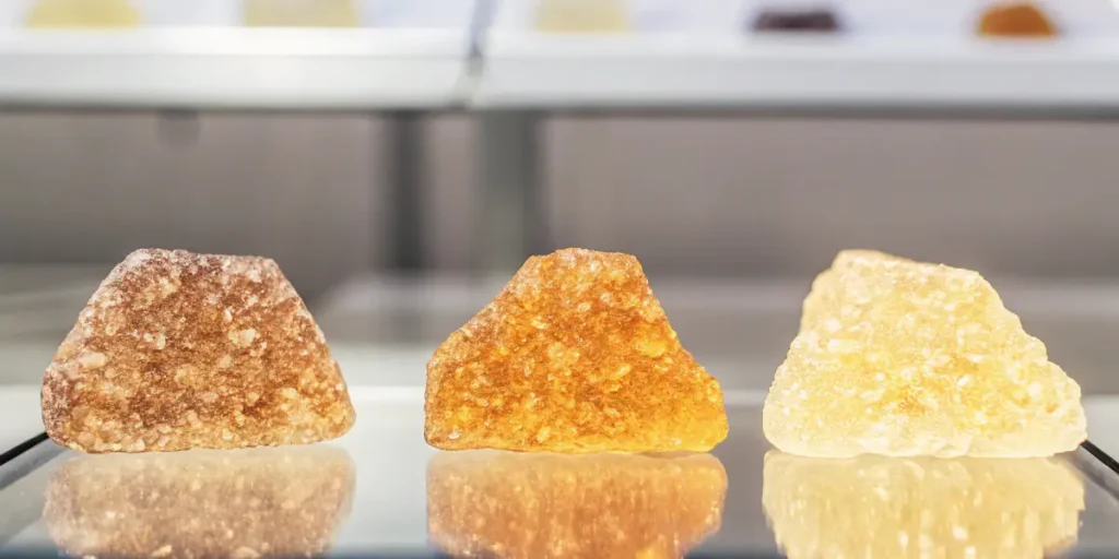 Cannabis concentrate crystals with varied textures and colors displayed in a lab setting.