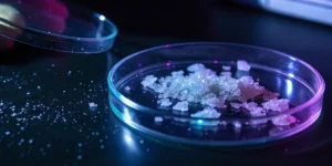 Cannabis crystals petri dish laboratory showing crystalline extract samples under controlled scientific conditions.