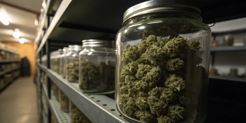 Cannabis curing glass jar close-up with dense dried buds stored for preservation and flavor enhancement.
