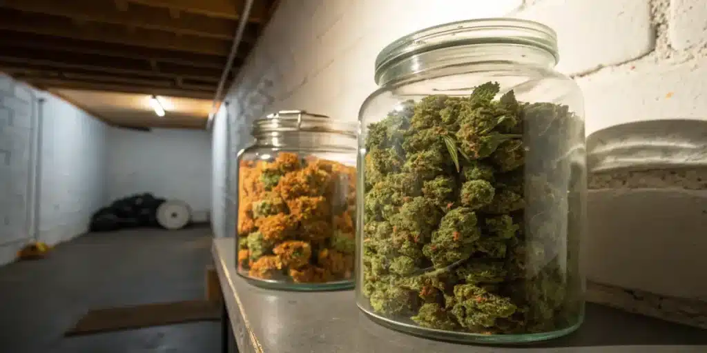Glass jars filled with cannabis buds curing in a basement storage space.