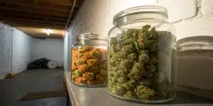 Glass jars filled with cannabis buds curing in a basement storage space.