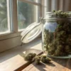 Cannabis curing jar natural light with dried buds stored in a glass container by a sunny window.