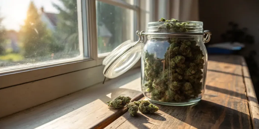 Cannabis curing jar natural light with dried buds stored in a glass container by a sunny window.
