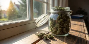 Cannabis curing jar natural light with dried buds stored in a glass container by a sunny window.