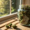 Cannabis curing jar sunlight window with dried buds stored in a glass container on a wooden surface.