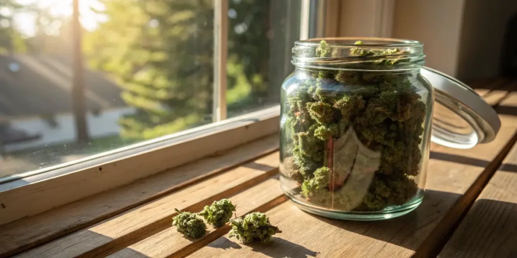 Cannabis curing jar sunlight window with dried buds stored in a glass container on a wooden surface.