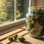 Cannabis curing jar sunlight window with dried buds stored in a glass container on a wooden surface.