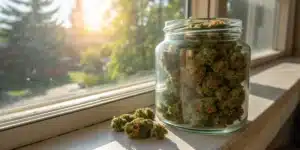 Cannabis curing jar window sunlight with dried buds in a glass jar illuminated by natural light.
