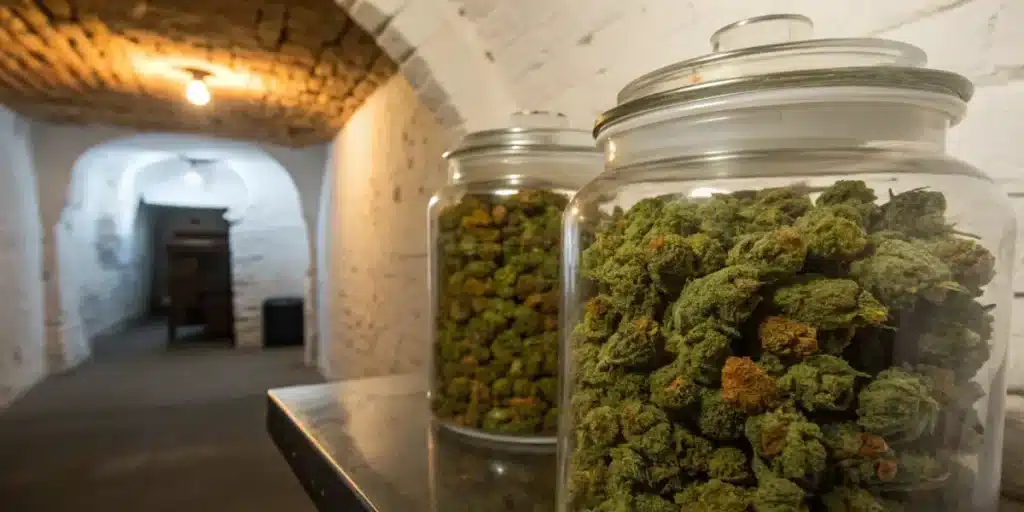 Cannabis buds stored in large glass jars inside a cellar curing room.