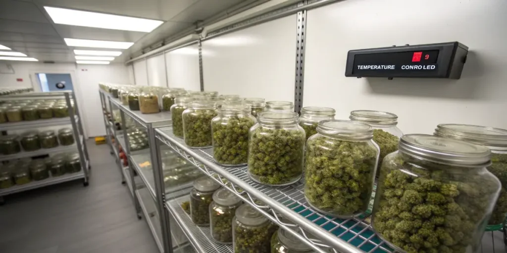 Glass jars filled with cannabis buds arranged on shelves inside a controlled curing room.