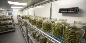 Glass jars filled with cannabis buds arranged on shelves inside a controlled curing room.