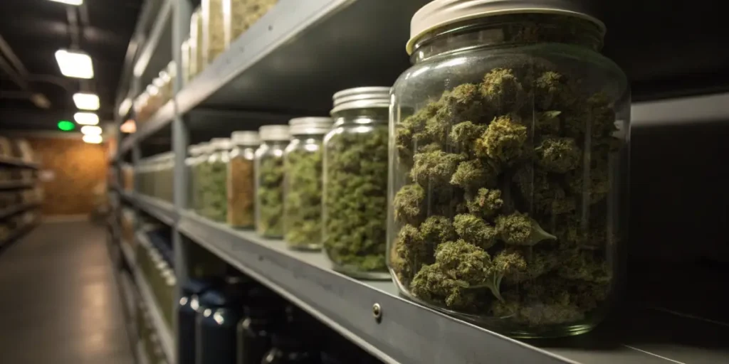 Cannabis curing jars storage room with multiple glass jars filled with dried buds on industrial shelves.