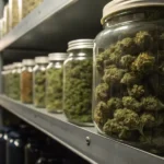 Cannabis curing jars storage room with multiple glass jars filled with dried buds on industrial shelves.