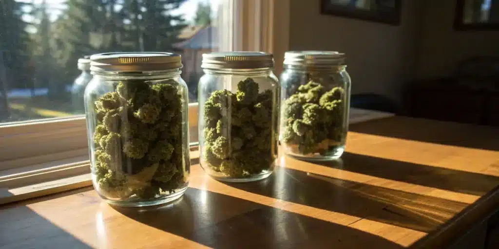 Cannabis curing jars sunlight storage with multiple glass containers filled with dried buds on a wooden table.
