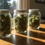 Cannabis curing jars sunlight storage with multiple glass containers filled with dried buds on a wooden table.