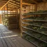 Cannabis curing shed drying racks with harvested cannabis buds spread across wooden shelves in a rustic barn.