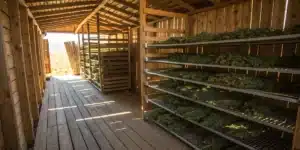 Cannabis curing shed drying racks with harvested cannabis buds spread across wooden shelves in a rustic barn.