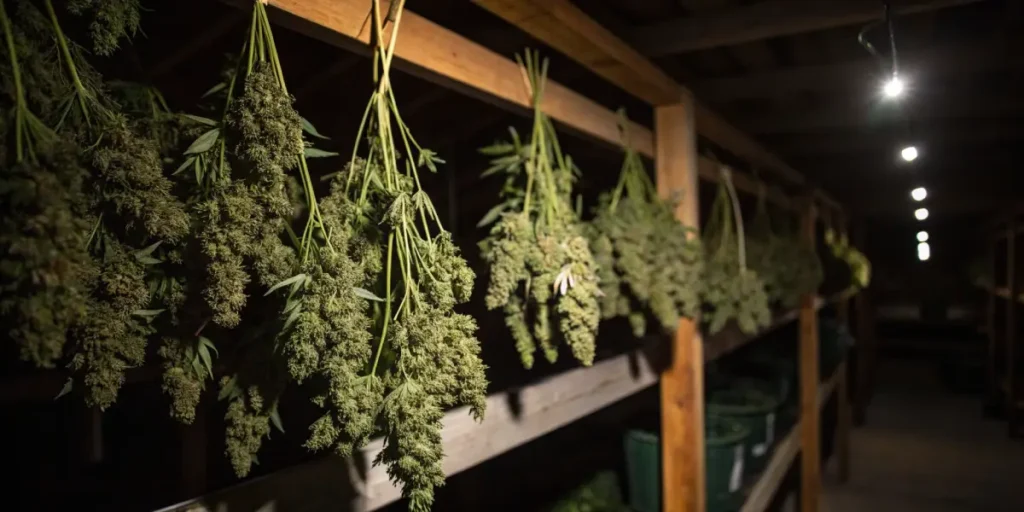 Cannabis buds hanging upside down drying in a dark indoor room.