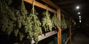 Cannabis buds hanging upside down drying in a dark indoor room.