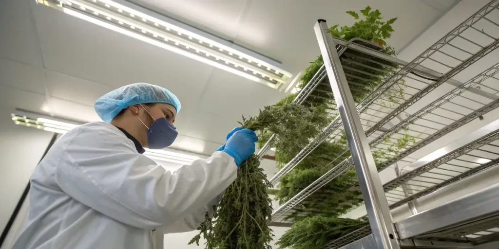 Cannabis drying process lab technician inspecting hanging cannabis branches on metal racks in a controlled indoor facility.