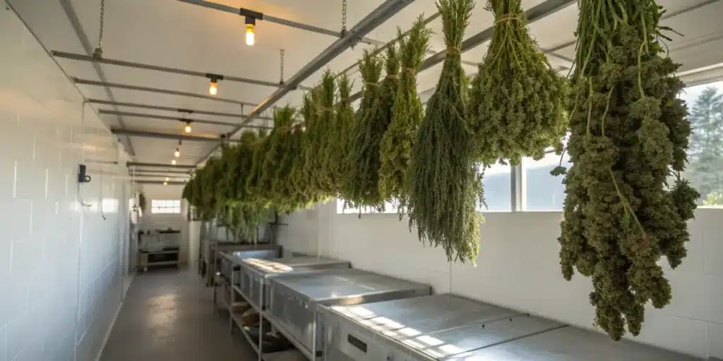 Rows of freshly harvested cannabis plants hanging upside down in a controlled drying room.