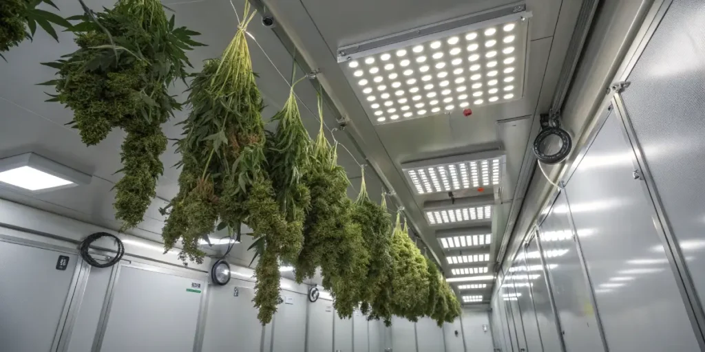 Cannabis drying room hanging plants with rows of harvested cannabis branches drying under bright LED lights.