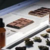 Cannabis chocolate edibles with oil bottles and buds on laboratory preparation table.