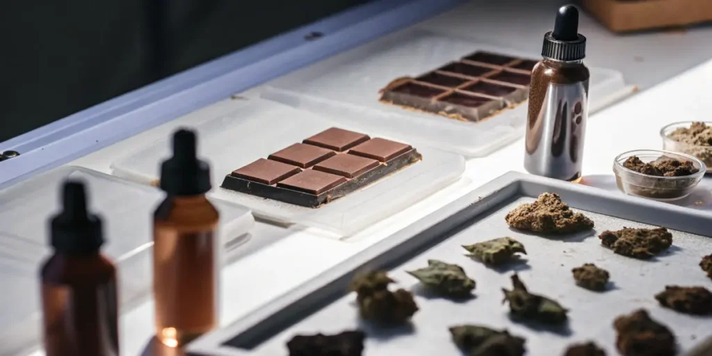 Cannabis chocolate edibles with oil bottles and buds on laboratory preparation table.