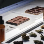 Cannabis chocolate edibles with oil bottles and buds on laboratory preparation table.