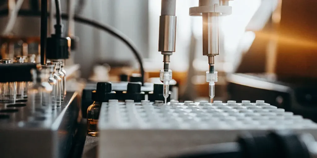 Automated pipettes dispensing cannabis extract into vials on laboratory workstation.