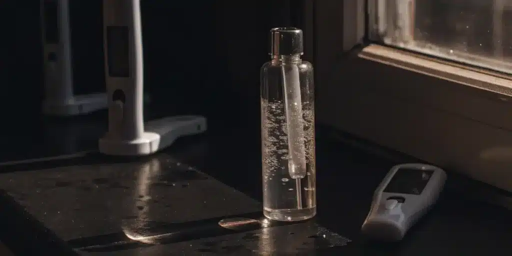 Clear liquid cannabis extract in vial with dropper and lab equipment in background.