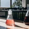 Cannabis extract liquids in laboratory flasks showing color differences from light to dark.
